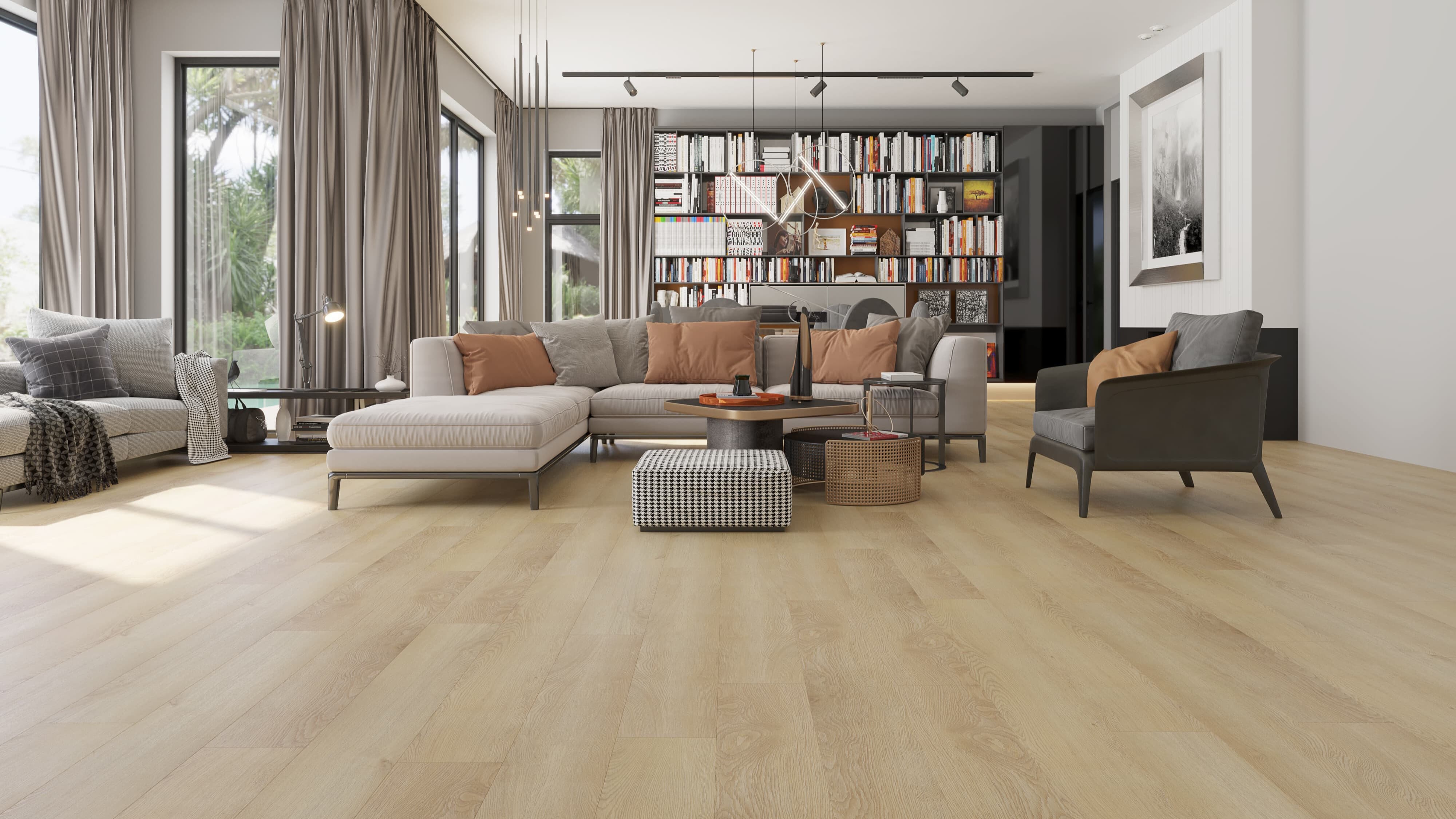 Modern living room with gray sofa, bookshelf, and lnche Scene Vinyl floor