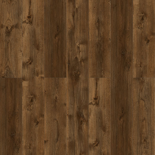 Close-up of Vinyl flooring with a rich brown color and visible grain.