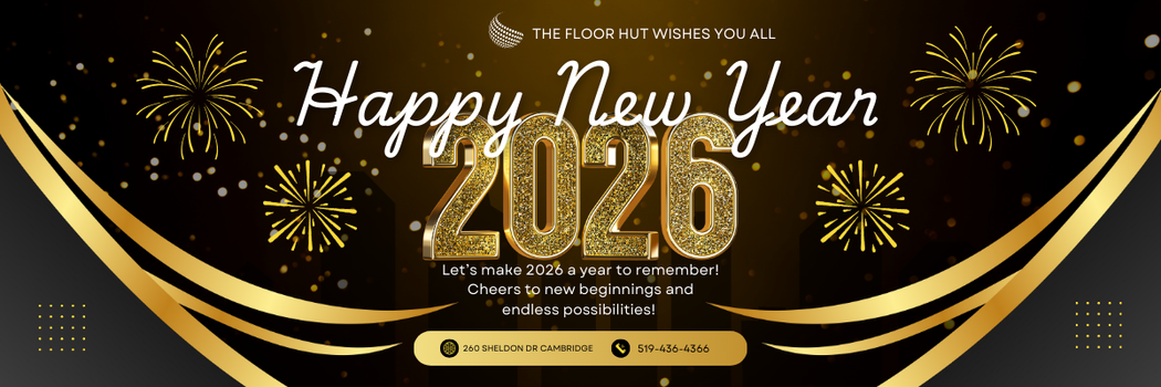 Happy New Year 2026 celebration with gold text and fireworks on a black background