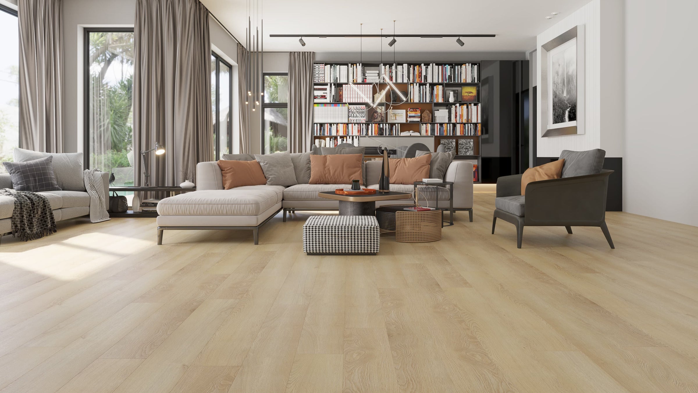 Modern living room with gray sofa, bookshelf, and lnche Scene Vinyl floor